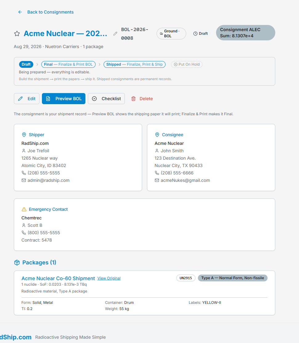 The consignment page: BOL number, the Draft, Final, Shipped lifecycle stepper with Put On Hold, Edit/Preview BOL/Checklist actions, party cards, and the package summary