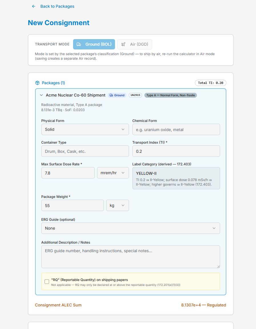 The per-package card on the New Consignment form: physical and chemical form, container type, TI, surface dose rate, derived label category, weight, ERG guide, notes, and the engine-locked RQ status