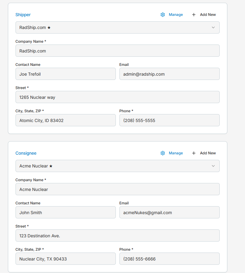 The Shipper and Consignee cards with saved-address dropdowns and the full address fields