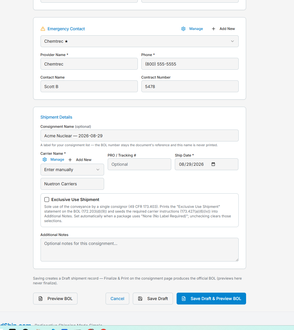 The Emergency Contact and Shipment Details blocks: consignment name, carrier, PRO number, ship date, the Exclusive Use Shipment checkbox with its explanation, and additional notes