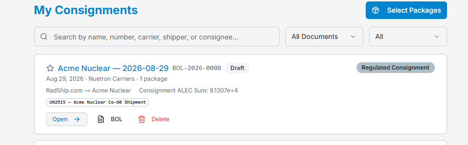 The My Consignments list: each row shows the name, BOL number, lifecycle status, carrier, package count, parties, and the consignment ALEC sum, with search and filters