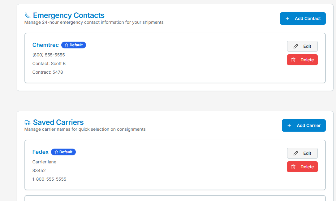 The Emergency Contacts and Saved Carriers sections, each with a Default-badged entry and Edit/Delete actions