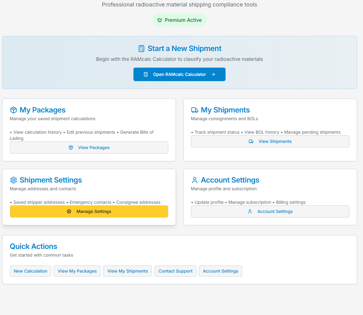 The RadShip Dashboard: Start a New Shipment with the RAMcalc calculator, plus cards for My Packages, My Shipments, Shipment Settings, Account Settings, and Quick Actions