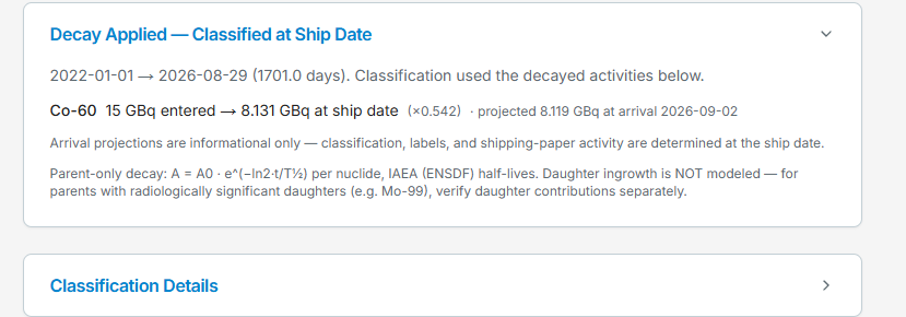 The Decay Applied card: date span, per-nuclide entered vs decayed activity with the decay factor, and the arrival projection