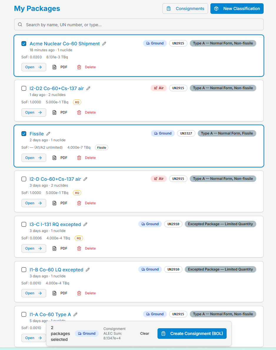 My Packages with two ground packages selected — the selection bar shows the package count, the running consignment ALEC sum, and the Create Consignment (BOL) button