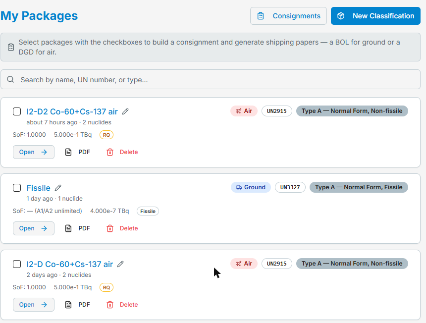 The My Packages list with per-package Open, PDF, and Delete actions and consignment selection checkboxes