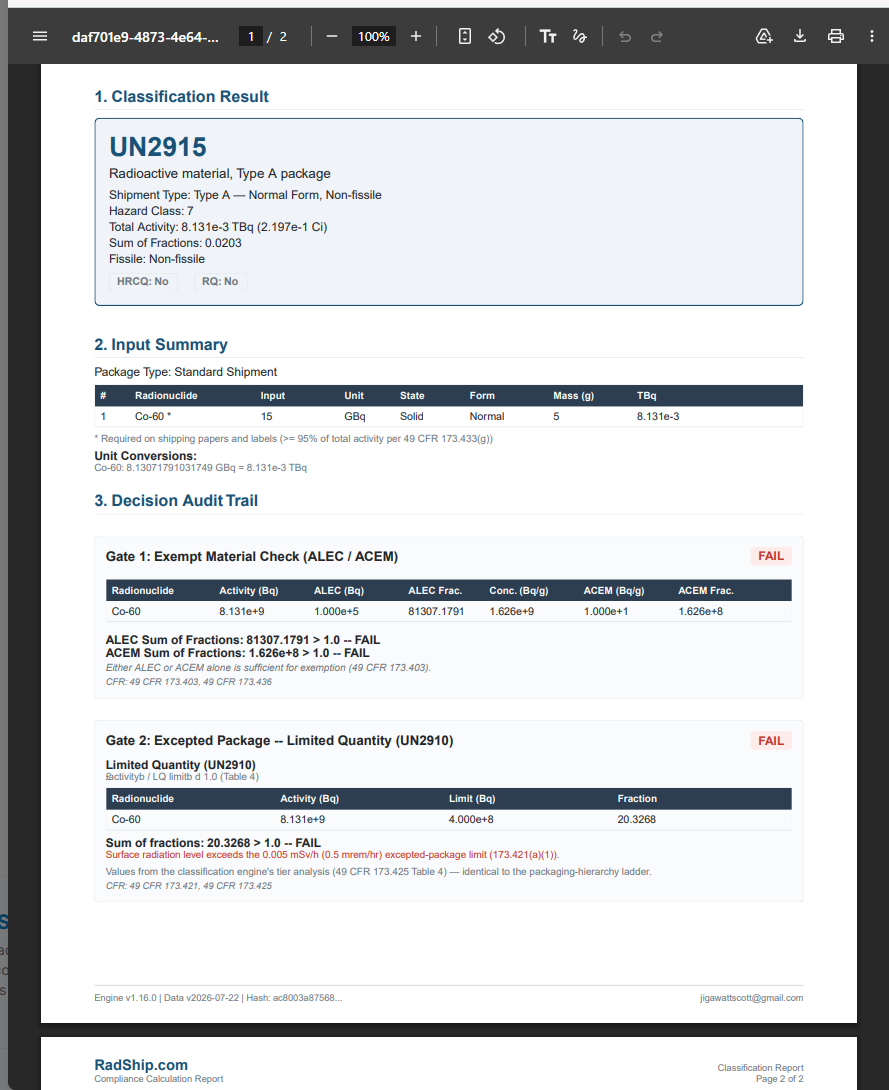 The PDF Compliance Report: the classification result, input summary with unit conversions, and the decision audit trail showing each gate with its values and pass/fail verdict