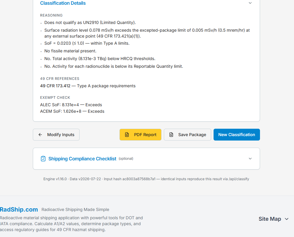 The bottom of the results page: Modify Inputs, PDF Report, Save Package, New Classification, the optional Shipping Compliance Checklist, and the engine/data/hash provenance footer