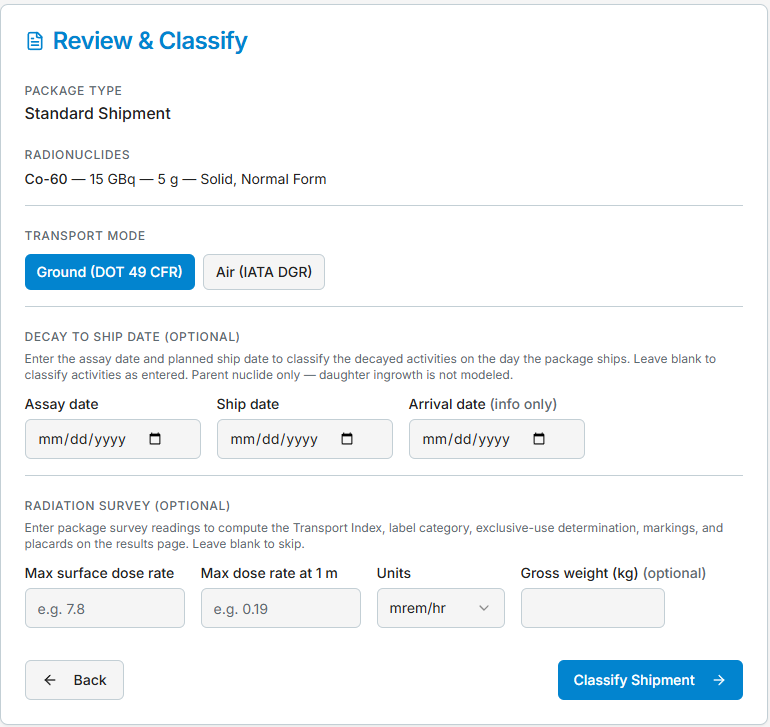 The Review & Classify step with transport mode, decay dates, and radiation survey inputs