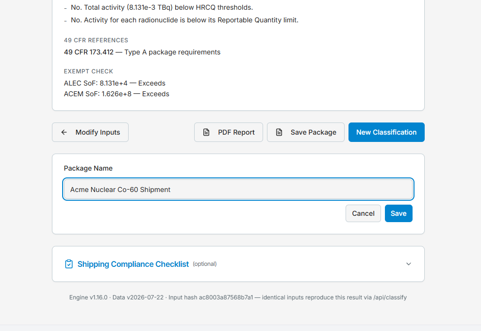 The Save Package form: a package-name field with Cancel and Save buttons, inline below the results actions