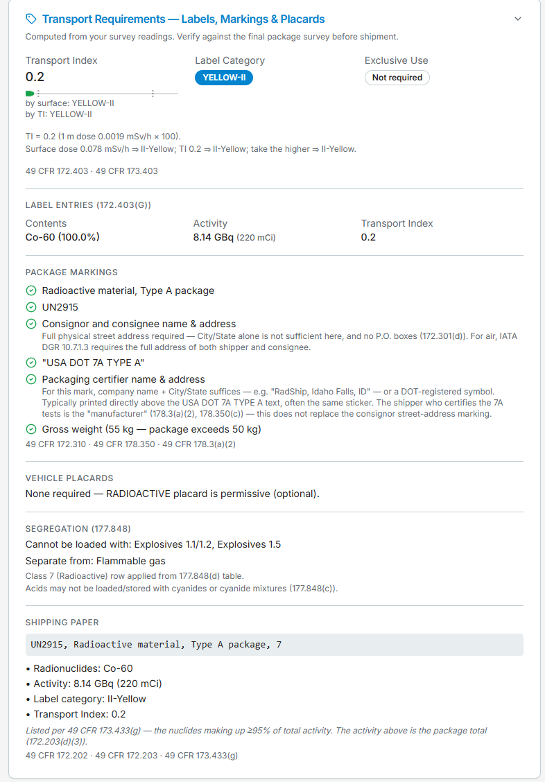 The complete Transport Requirements card: Transport Index with arithmetic, label category, exclusive use, label entries, package markings, vehicle placards, segregation, and the shipping paper preview