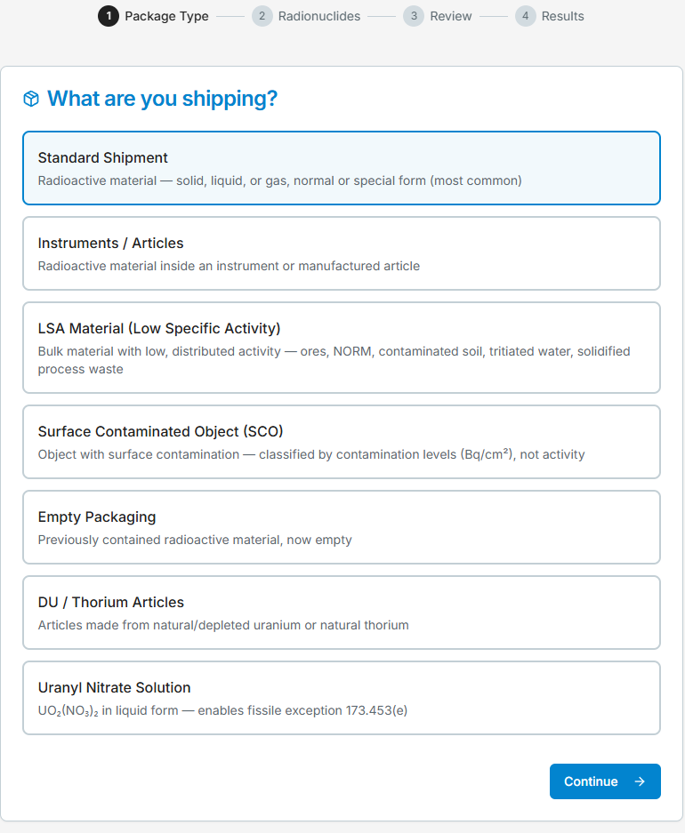 The 'What are you shipping?' step showing the seven shipment-type options