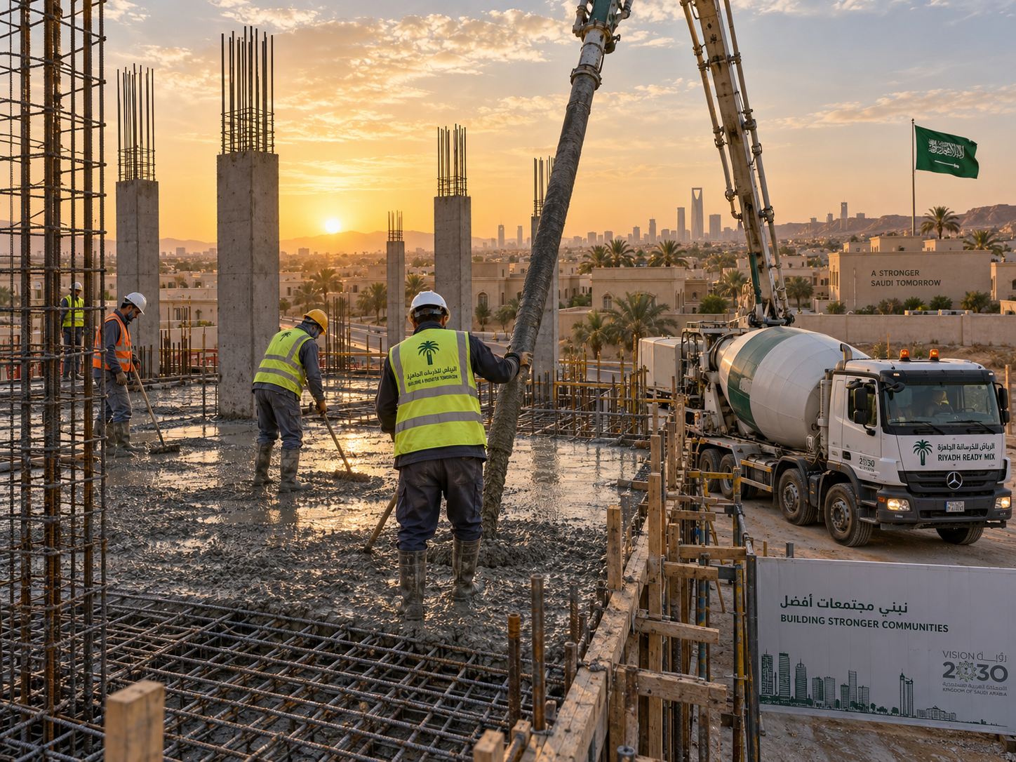 الخرسانة لمن يبني بيته 2026: أنواع الأسمنت والرمل والحصى في السوق السعودي، الجاهزة أم الخلاطة، الصب في الحر، وكيف تفحص الجودة بنفسك — الدليل الكامل