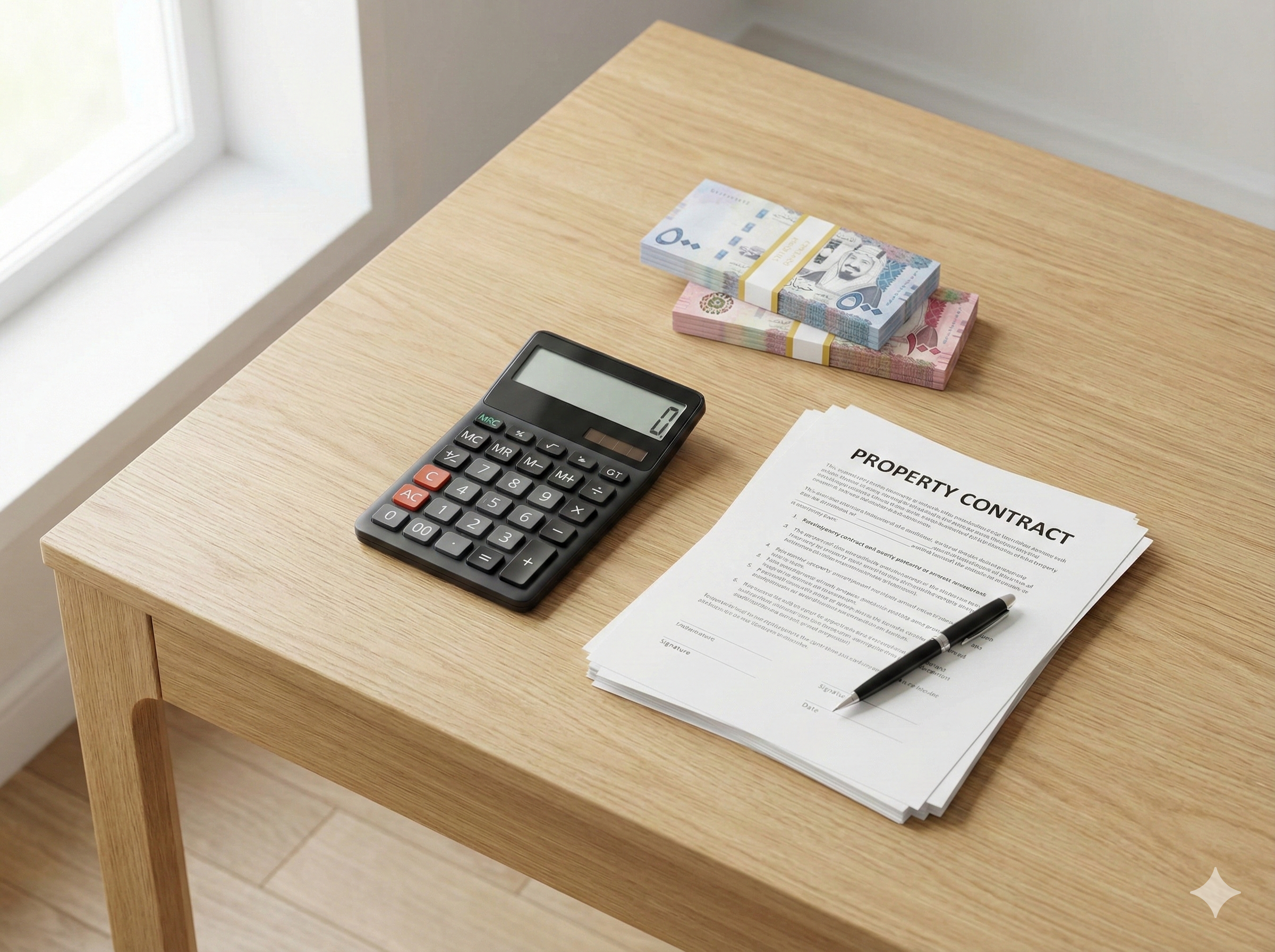 حاسبة وأموال سعودية مع عقد عقاري