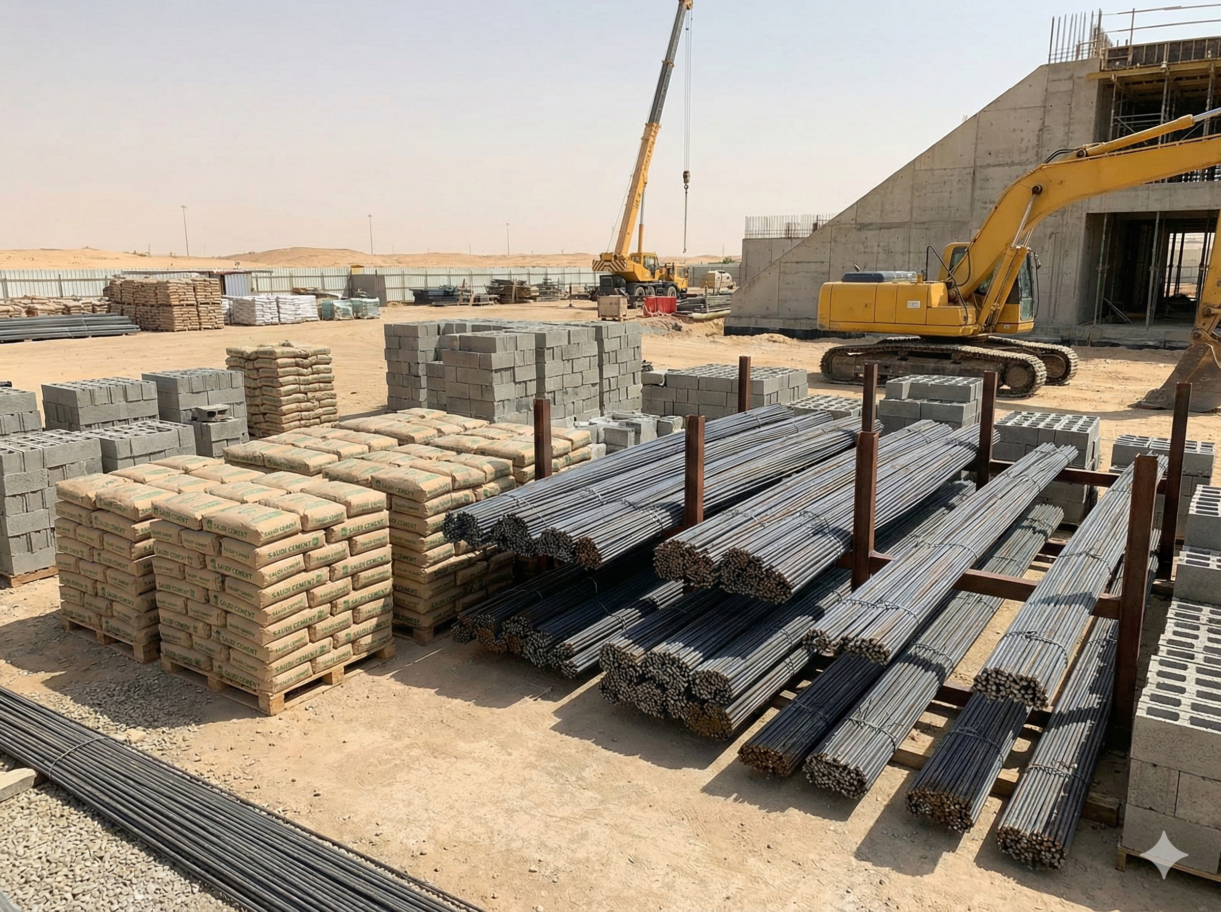 مواد بناء في موقع إنشائي سعودي