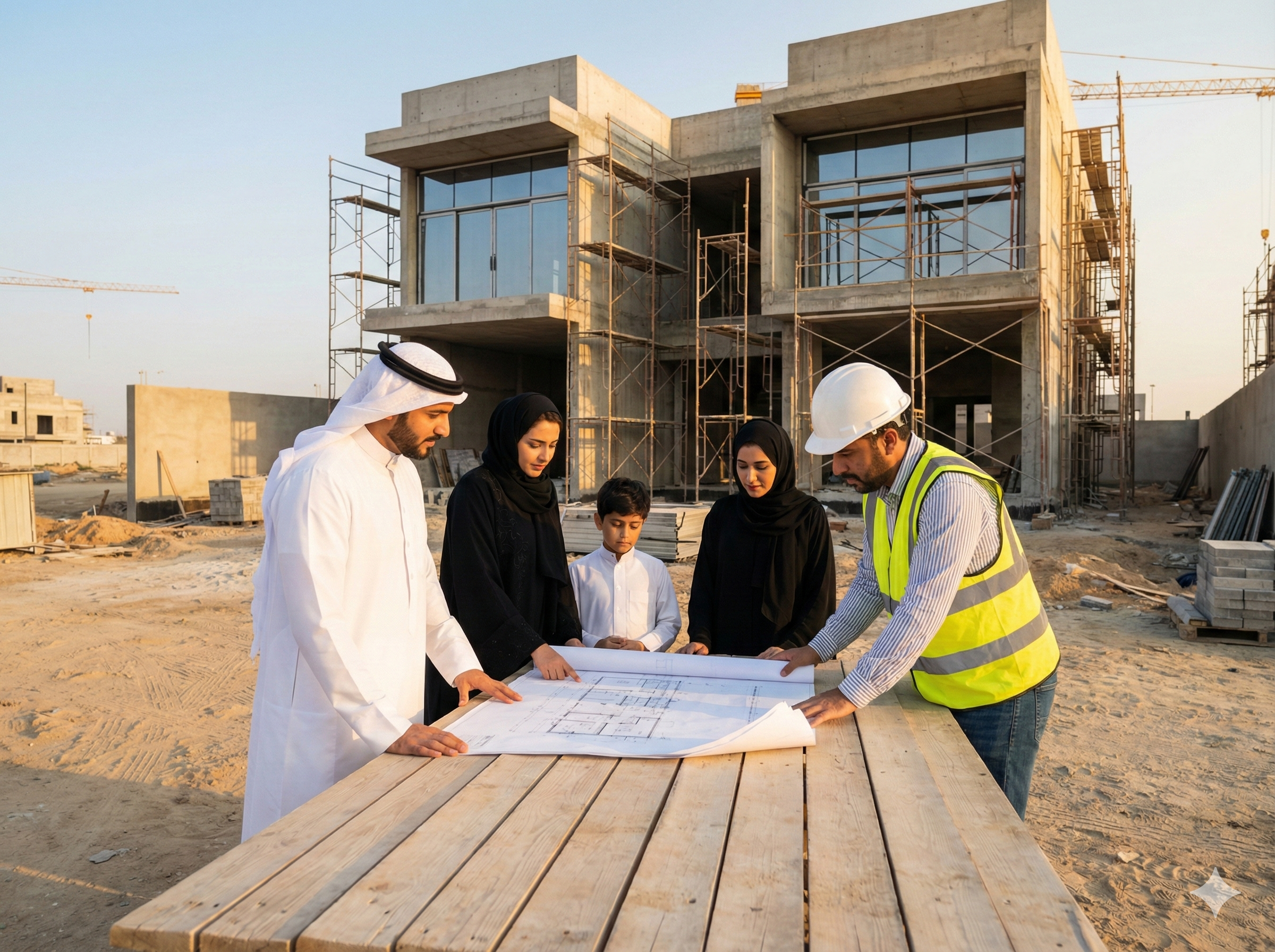 عائلة سعودية تراجع مخططات البناء مع المقاول