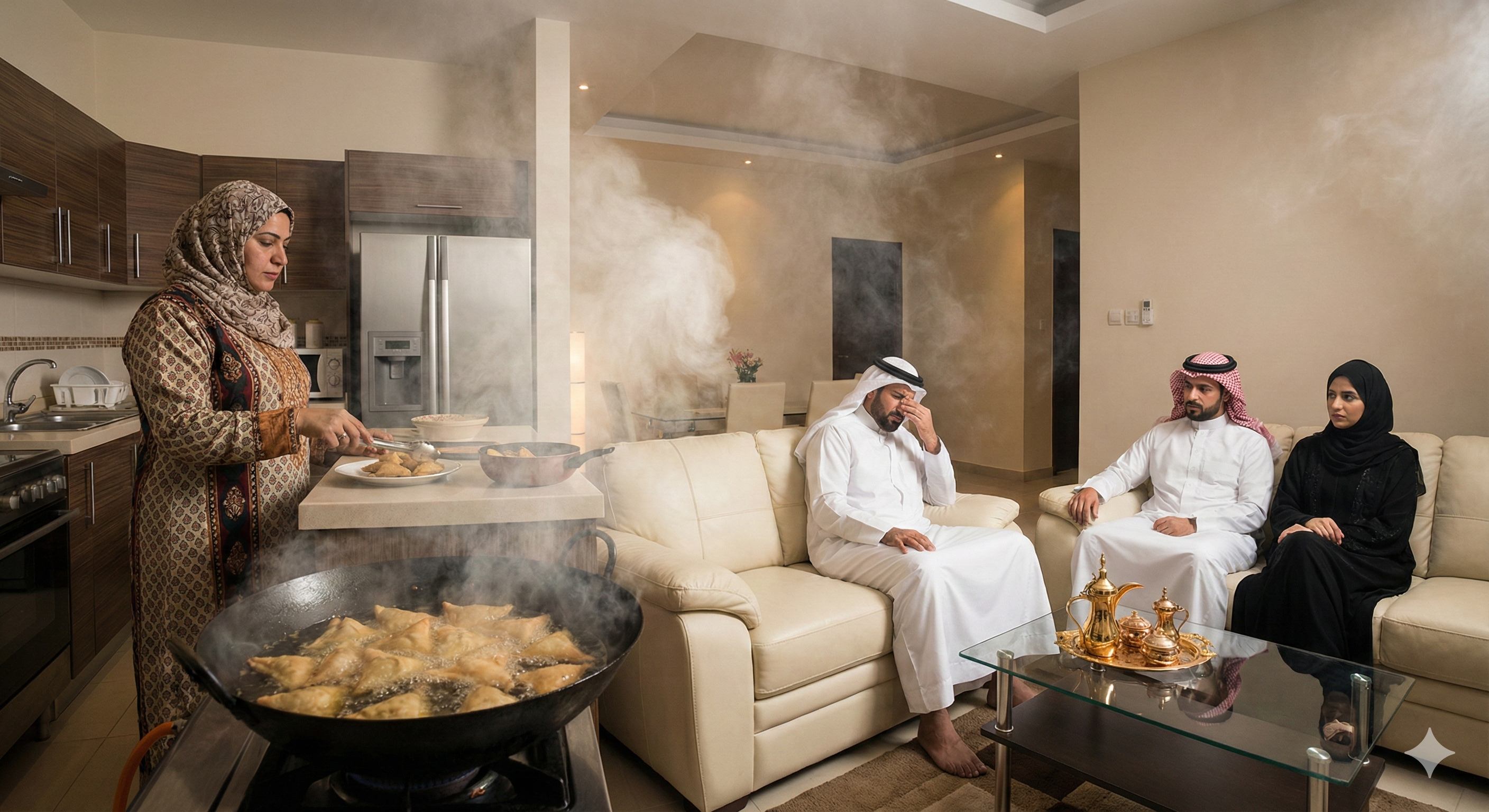 The problem of cooking odor spread in open kitchens during guest reception