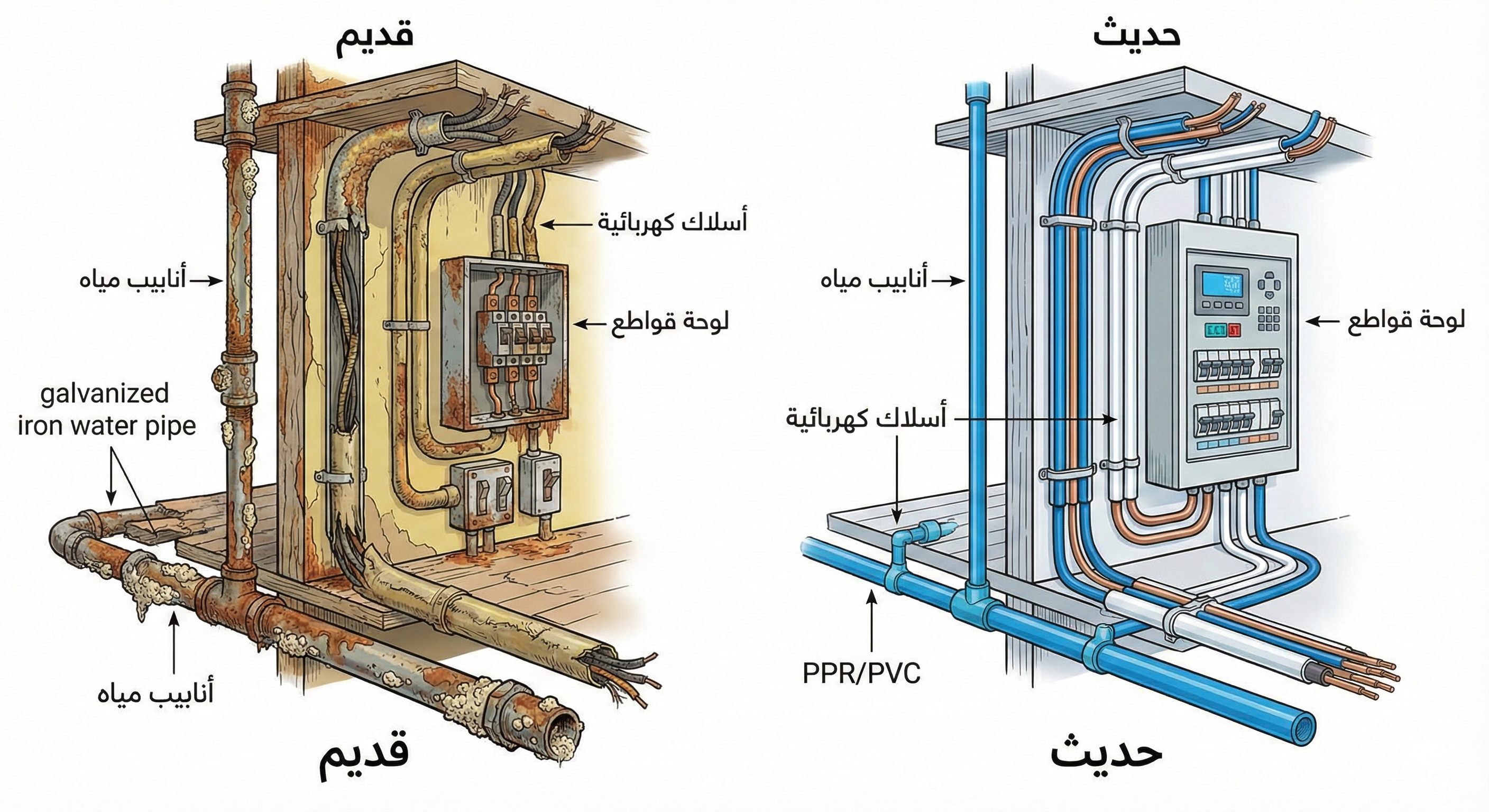 مقارنة بين البنية التحتية القديمة والحديثة - الكهرباء والسباكة