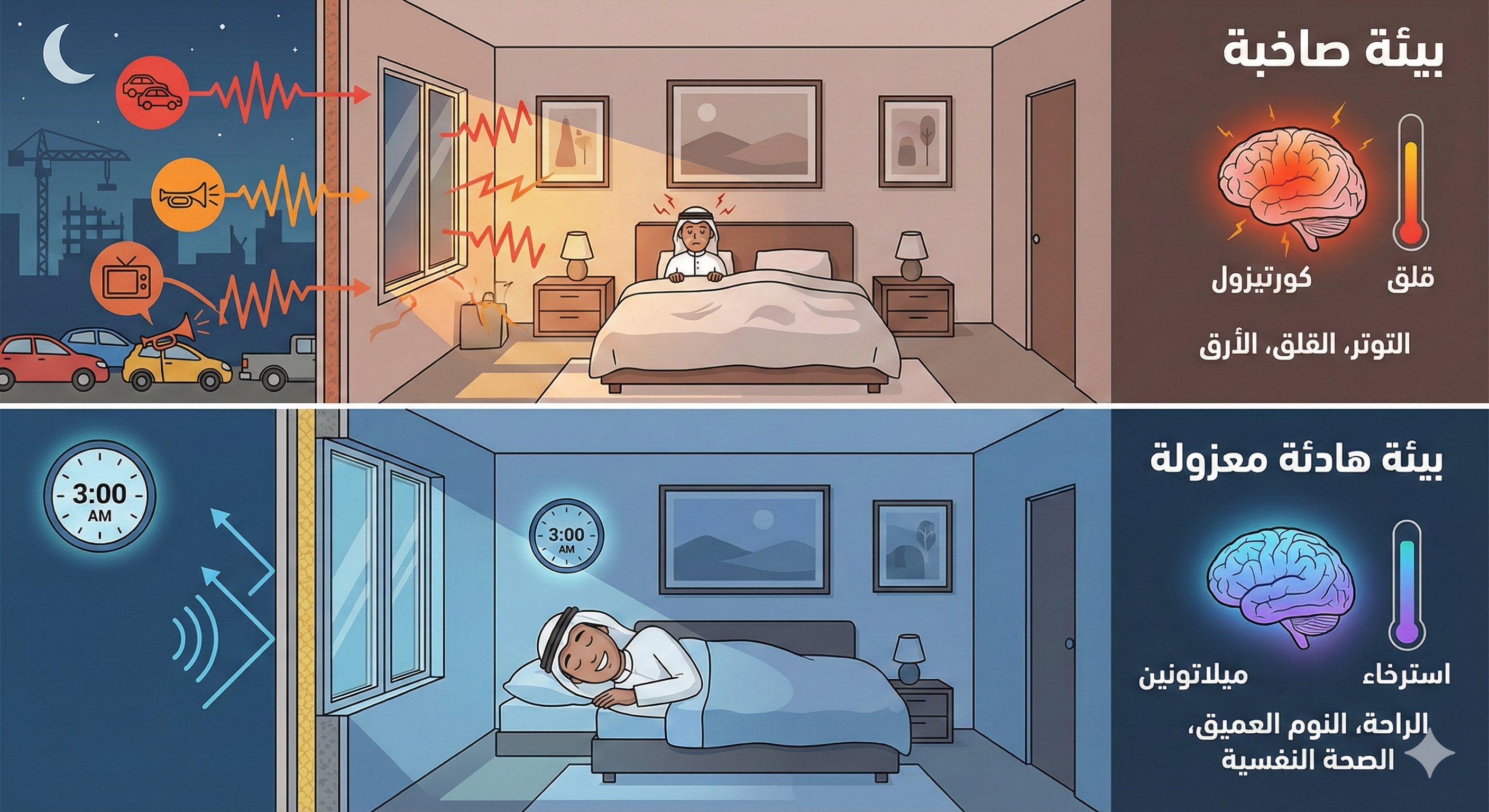 تأثير الضوضاء على جودة النوم والصحة النفسية - مقارنة بين البيئة الصاخبة والهادئة