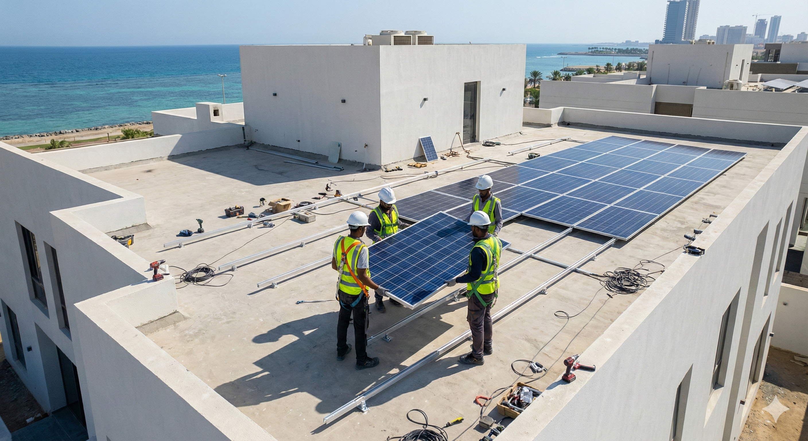 تركيب ألواح طاقة شمسية على سطح فيلا