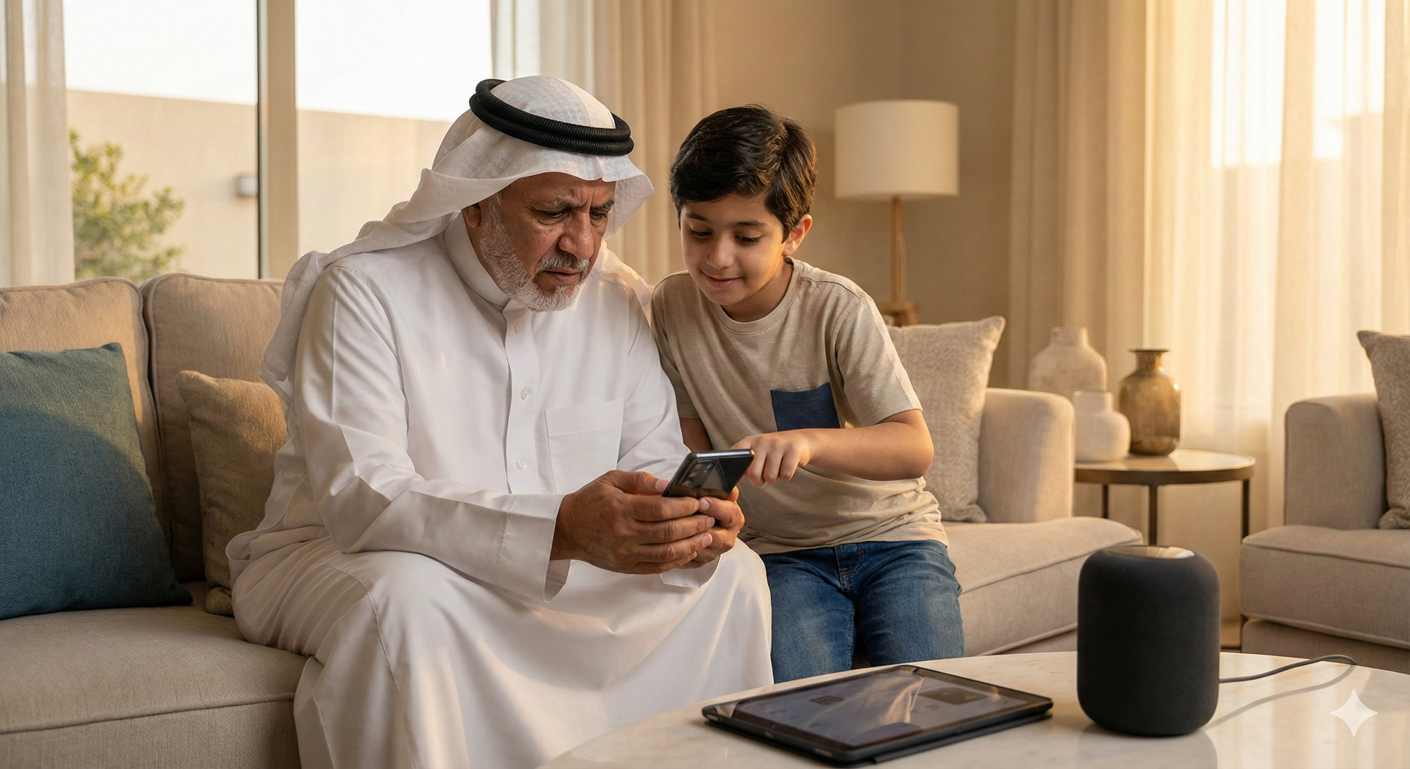 A Saudi grandfather learning to use a phone with help from his grandson