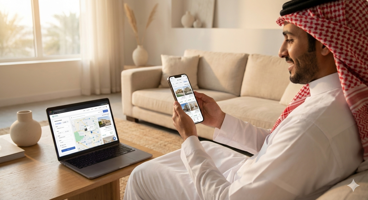 شاب سعودي يبحث عن عقار عبر الهاتف الذكي