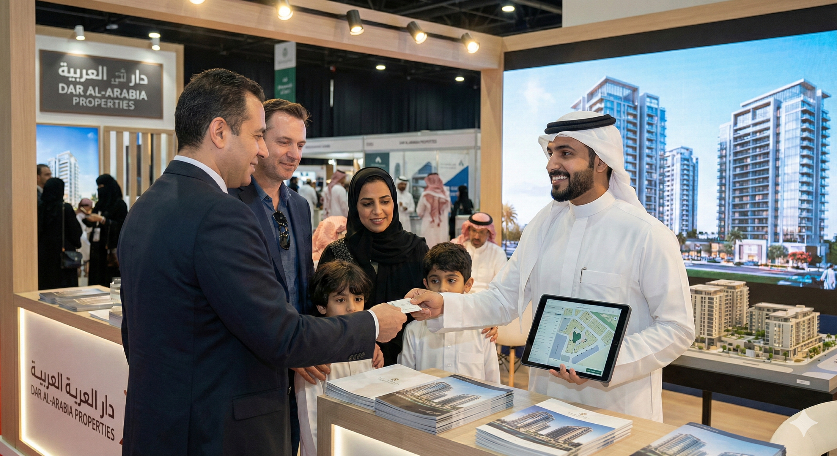 مسوق عقاري سعودي يتواصل مع العملاء في المعرض