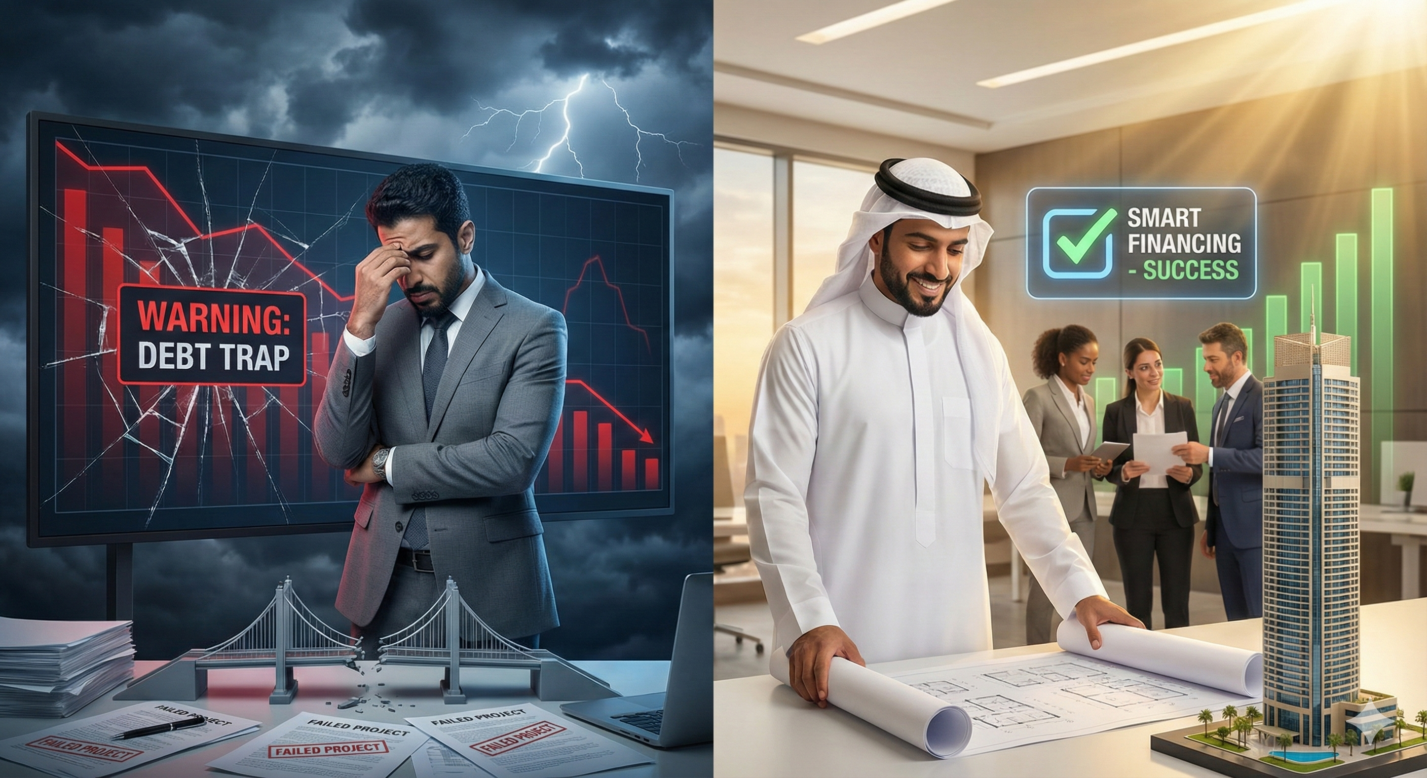 مقارنة بين مخاطر التمويل الخاطئ وفوائد التمويل الذكي للمشاريع العقارية