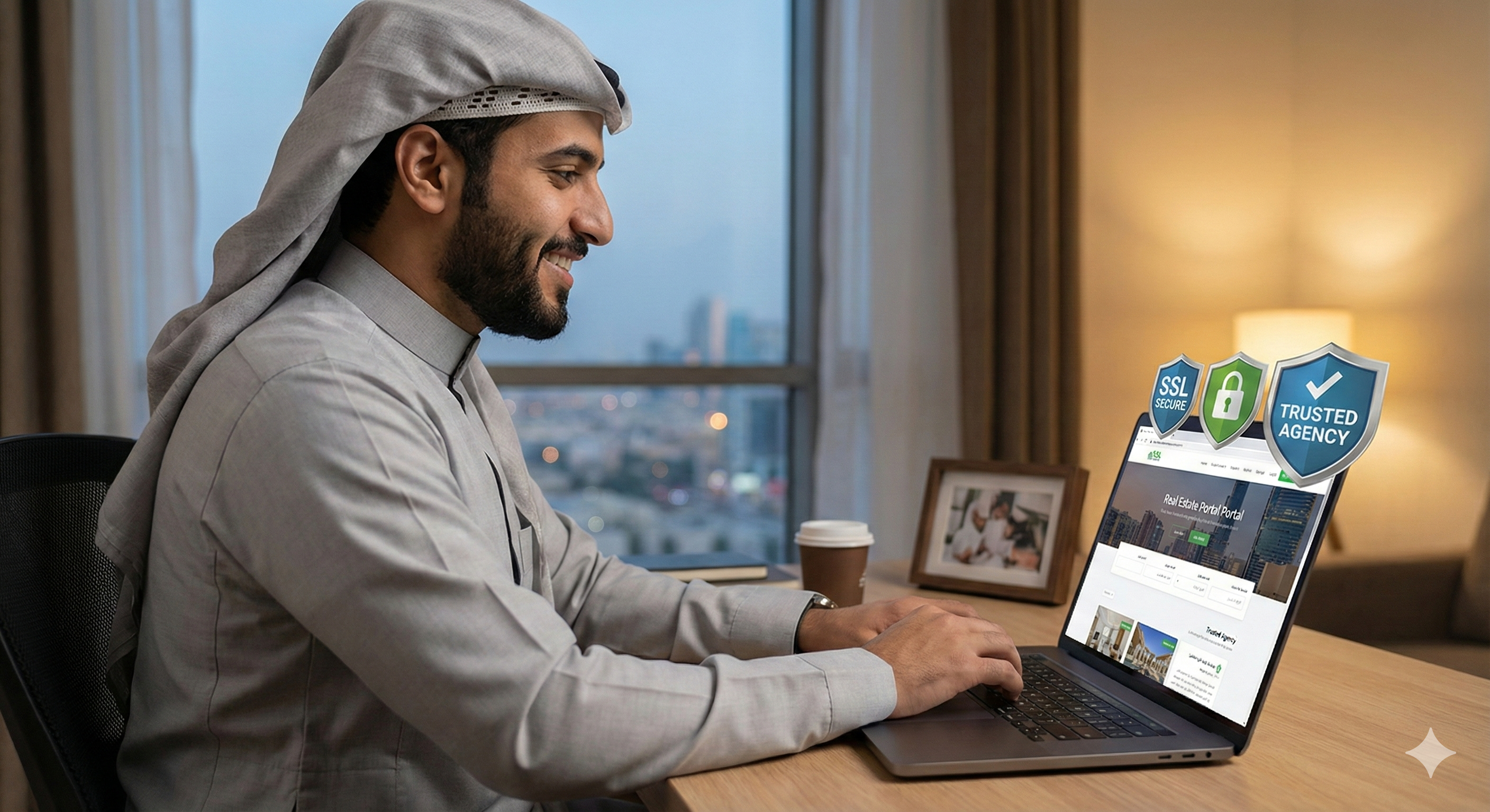 Confident Saudi person browsing real estate platform on laptop