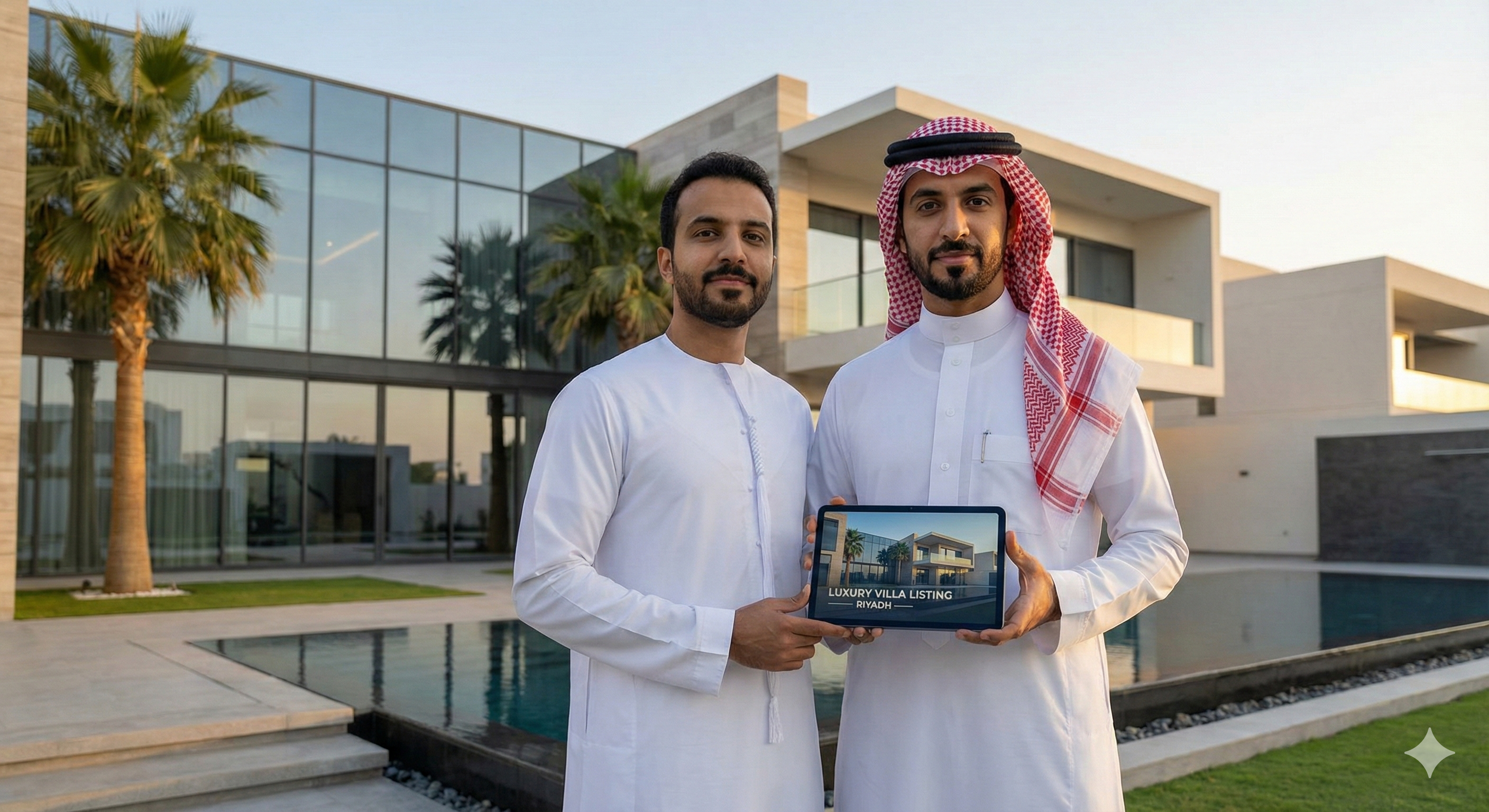 Professional Saudi real estate marketer in front of luxury villa