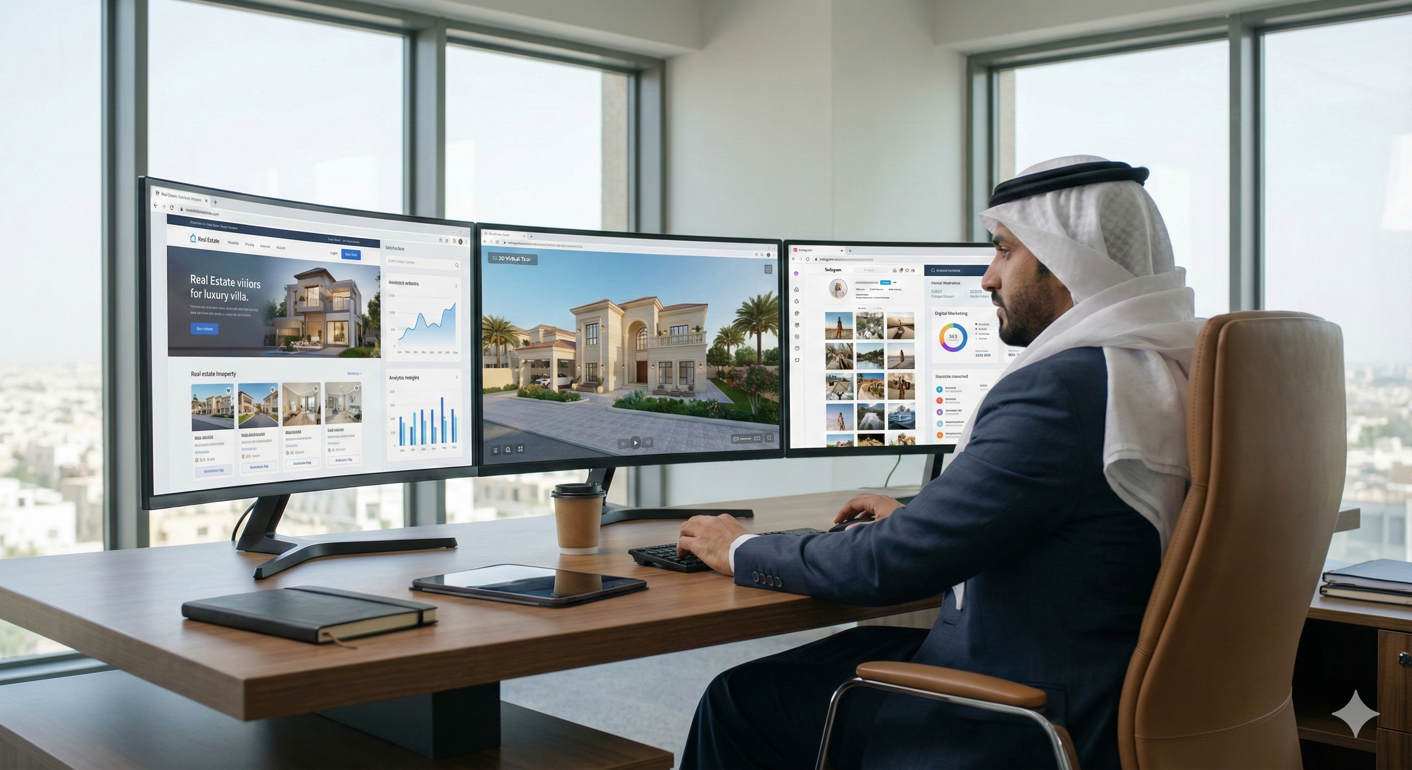 Saudi businessman managing digital real estate marketing campaigns