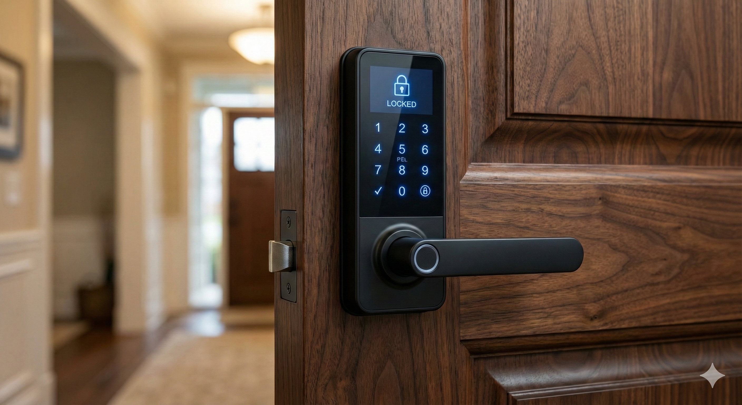 Smart electronic lock on wooden door