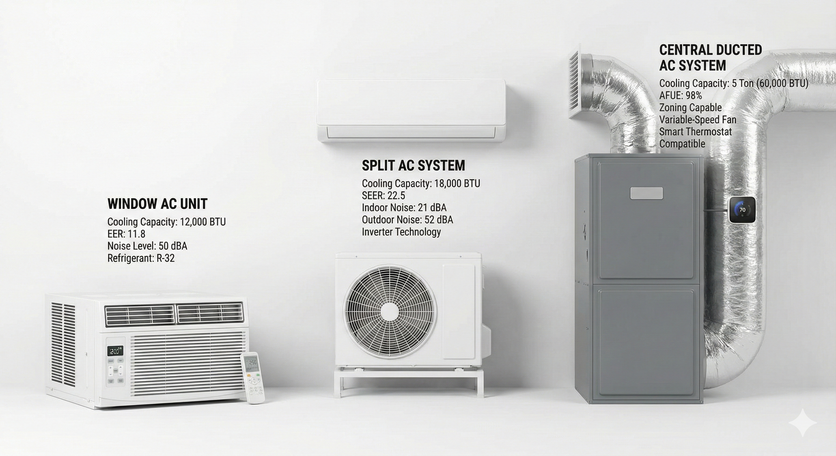 Comparison between three AC types: window, split, and central