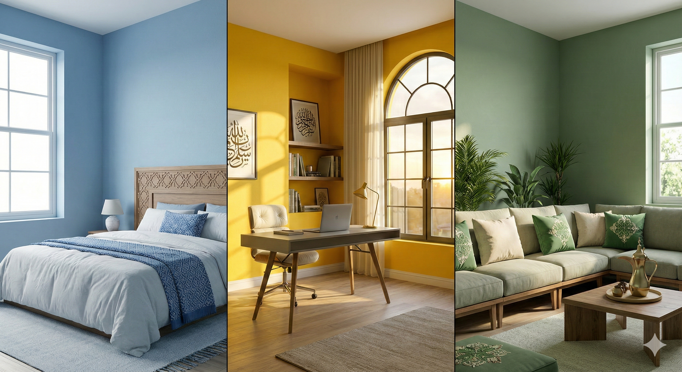 غرف منزلية بألوان مختلفة توضح تأثير الألوان على النفسية