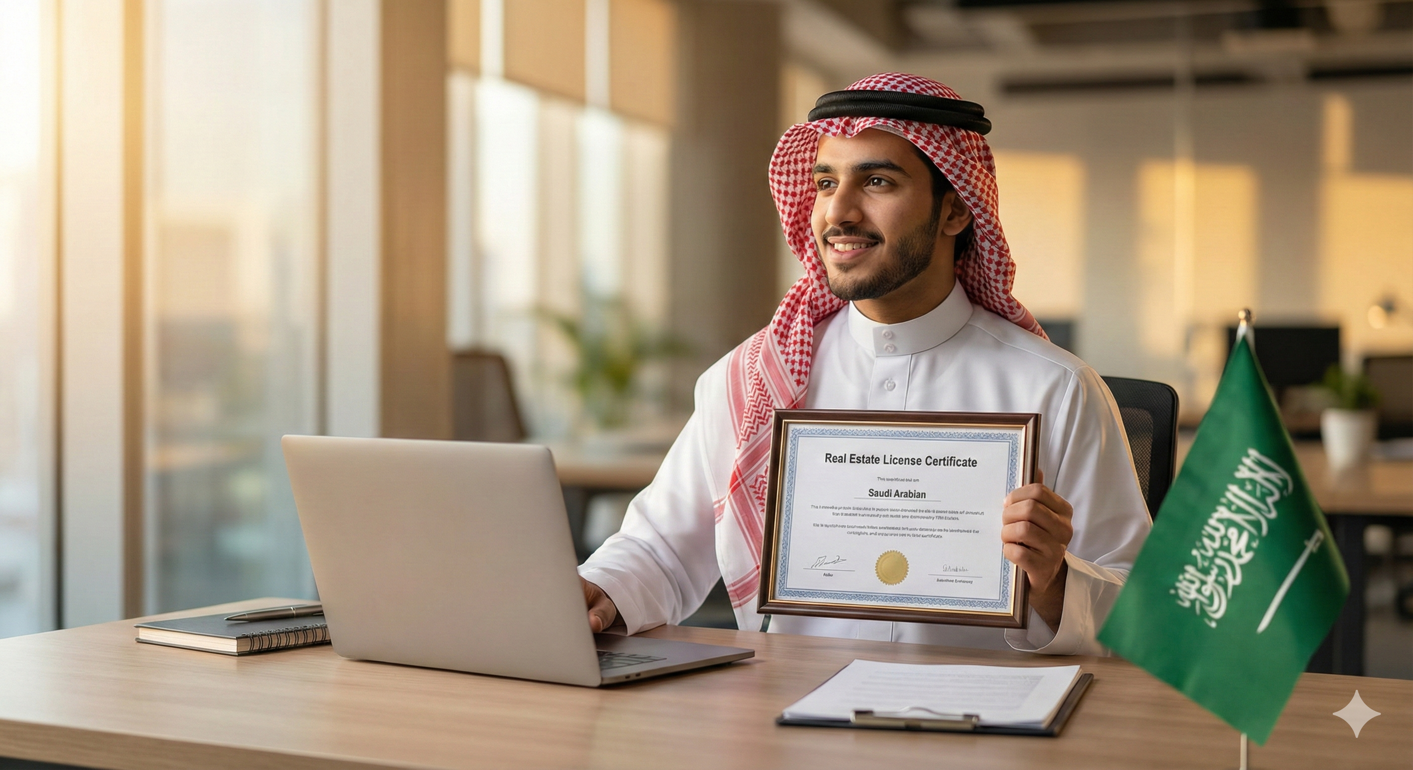 Young Saudi real estate marketer holding a marketing license