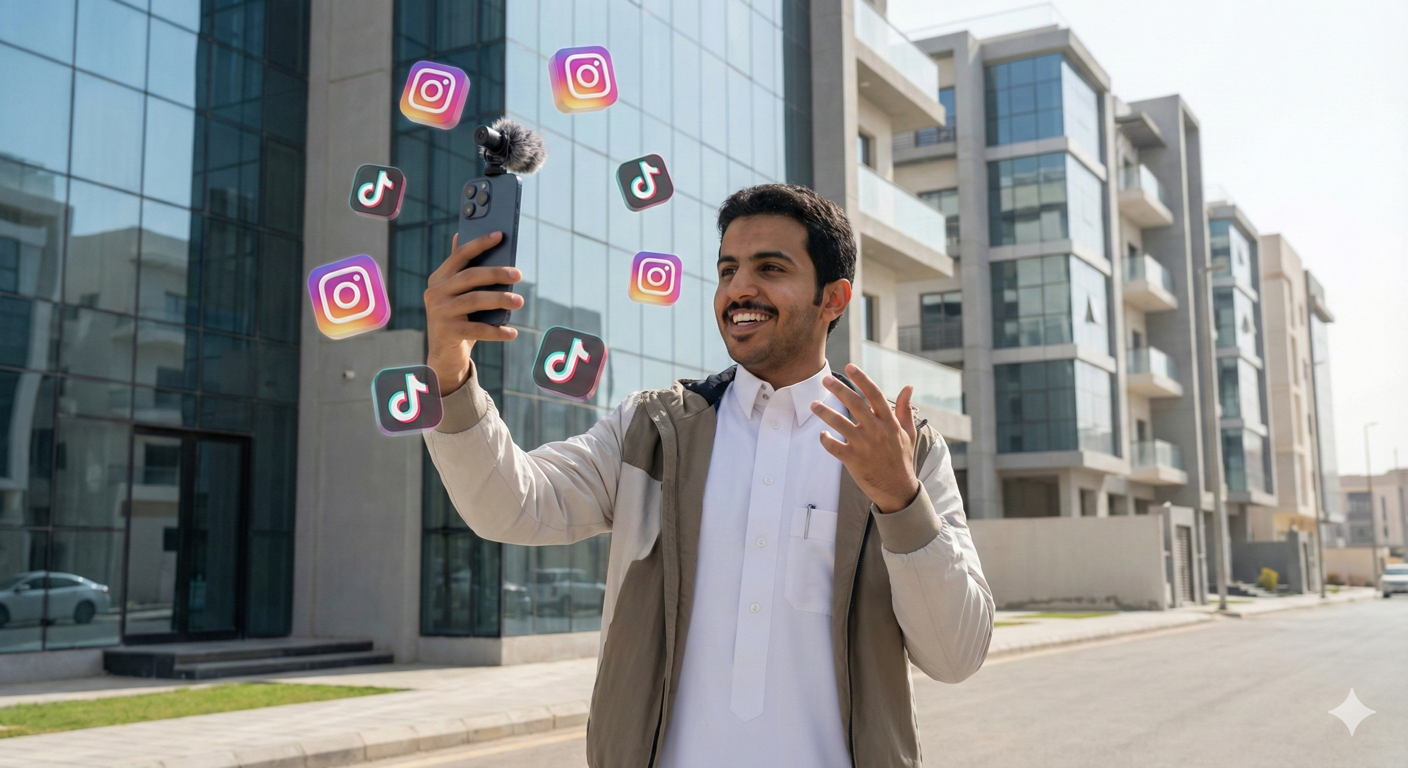 Saudi real estate marketer filming content on phone