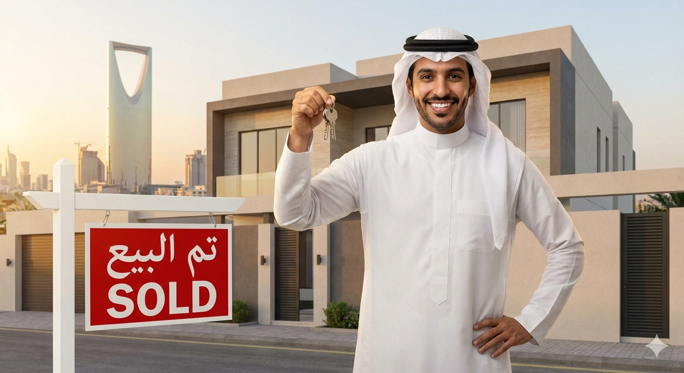 Successful Saudi real estate marketer in front of sold property