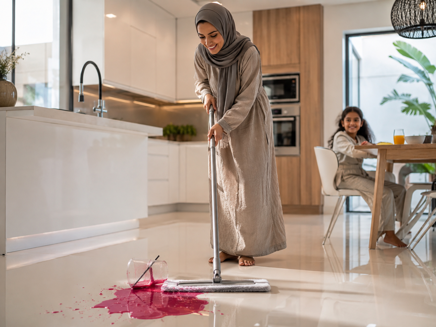 سهولة تنظيف أرضية الإيبوكسي اللامعة بمسحة واحدة في المطبخ
