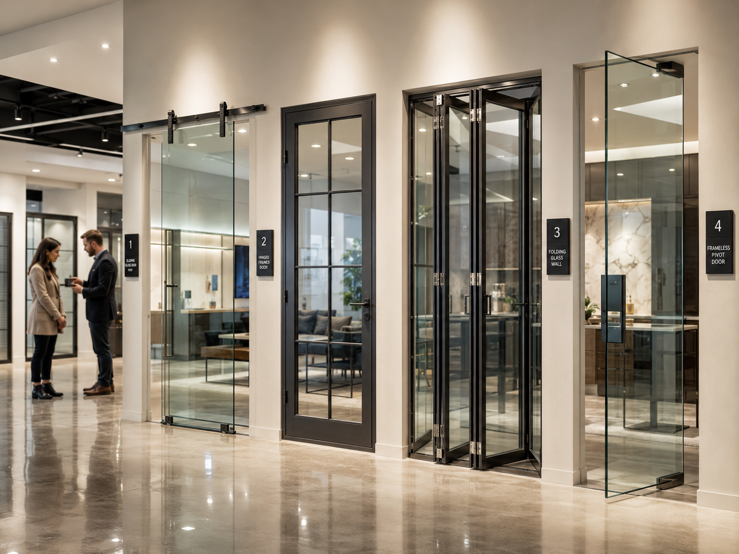 A showroom displaying different glass door types: sliding, hinged, folding, and pivot