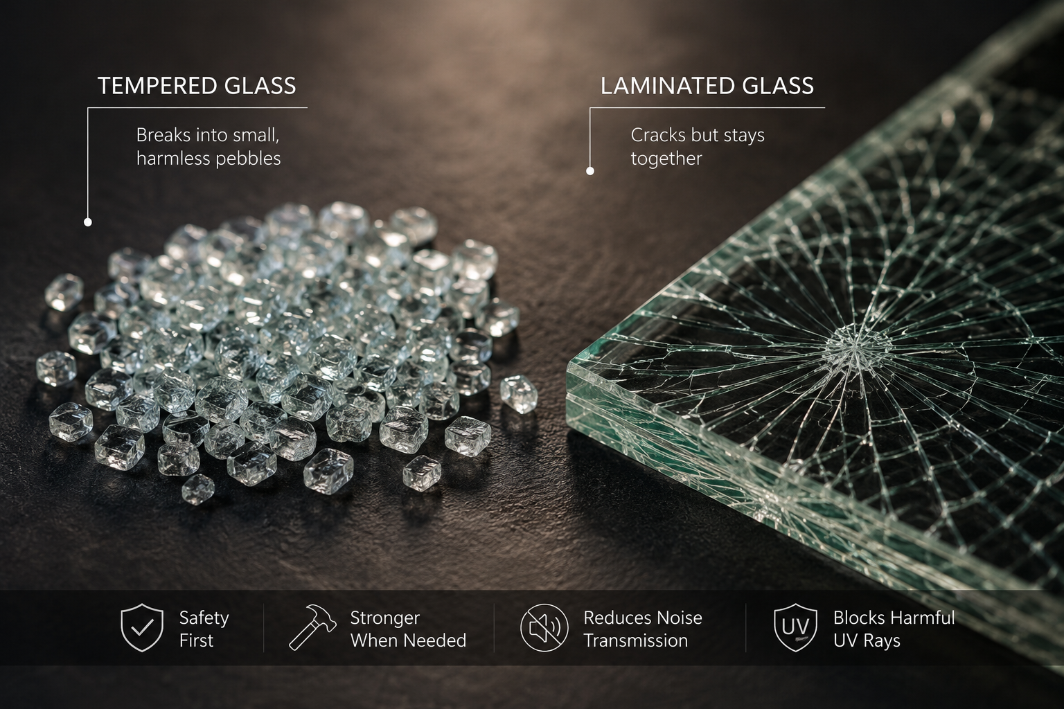 Comparison between safe securit glass granules and laminated glass held together after breaking