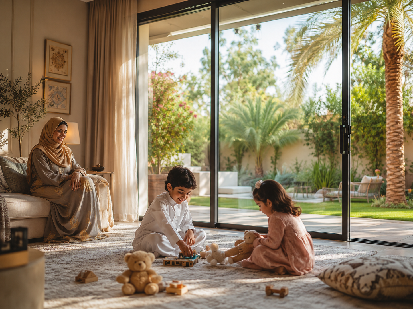 Children playing safely near a laminated glass wall in a family home