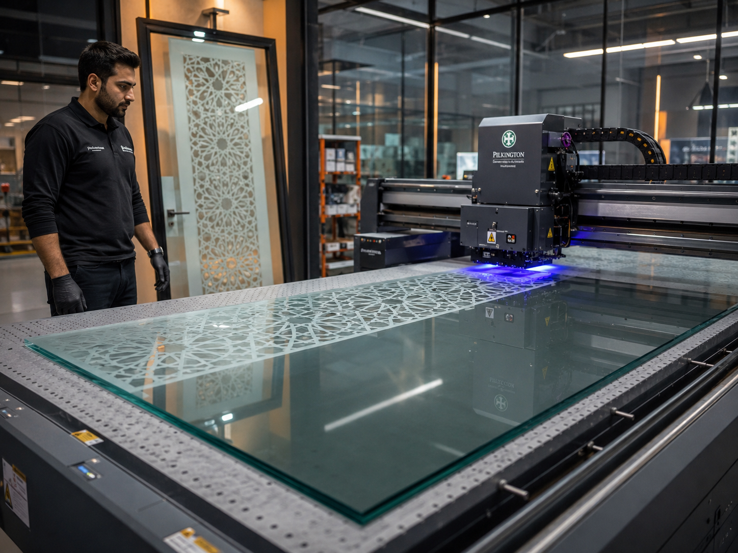UV digital printing of an Arabic geometric pattern on a glass door panel in a modern workshop