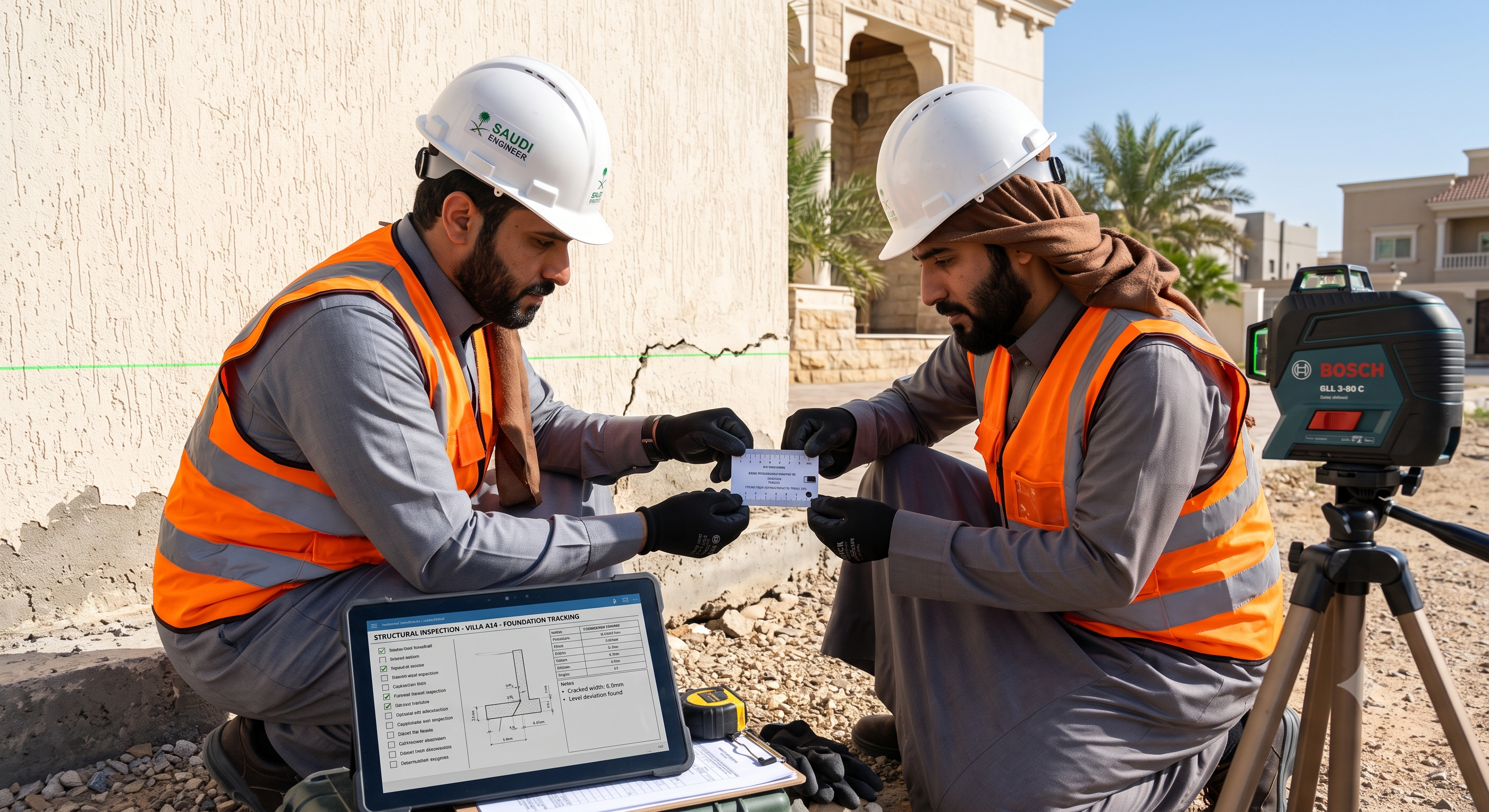 مهندس إنشائي يفحص شقاً في أساس فيلا بأدوات القياس المتخصصة