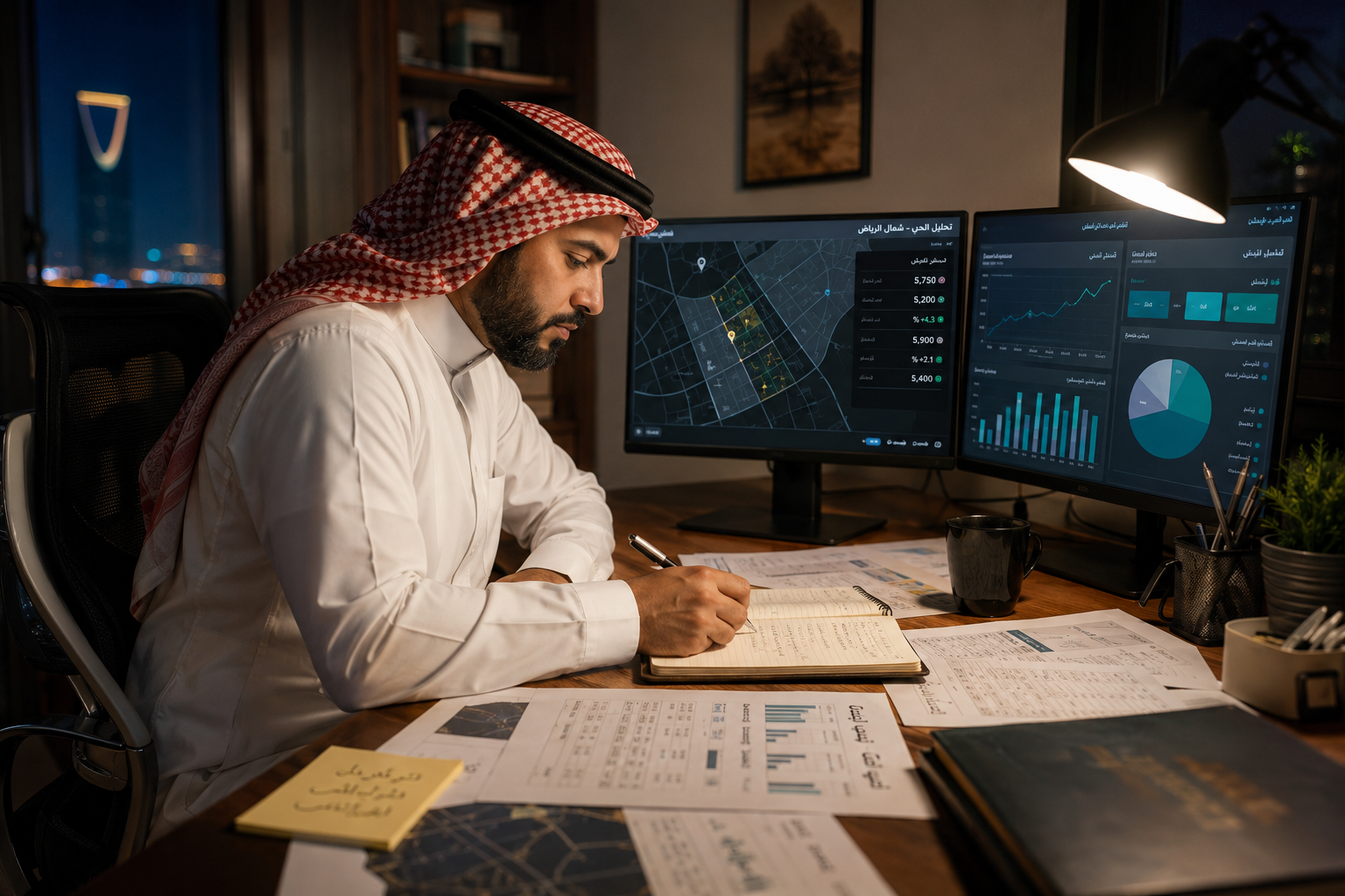 A professional real estate marketer studying the data and indicators of his neighborhood