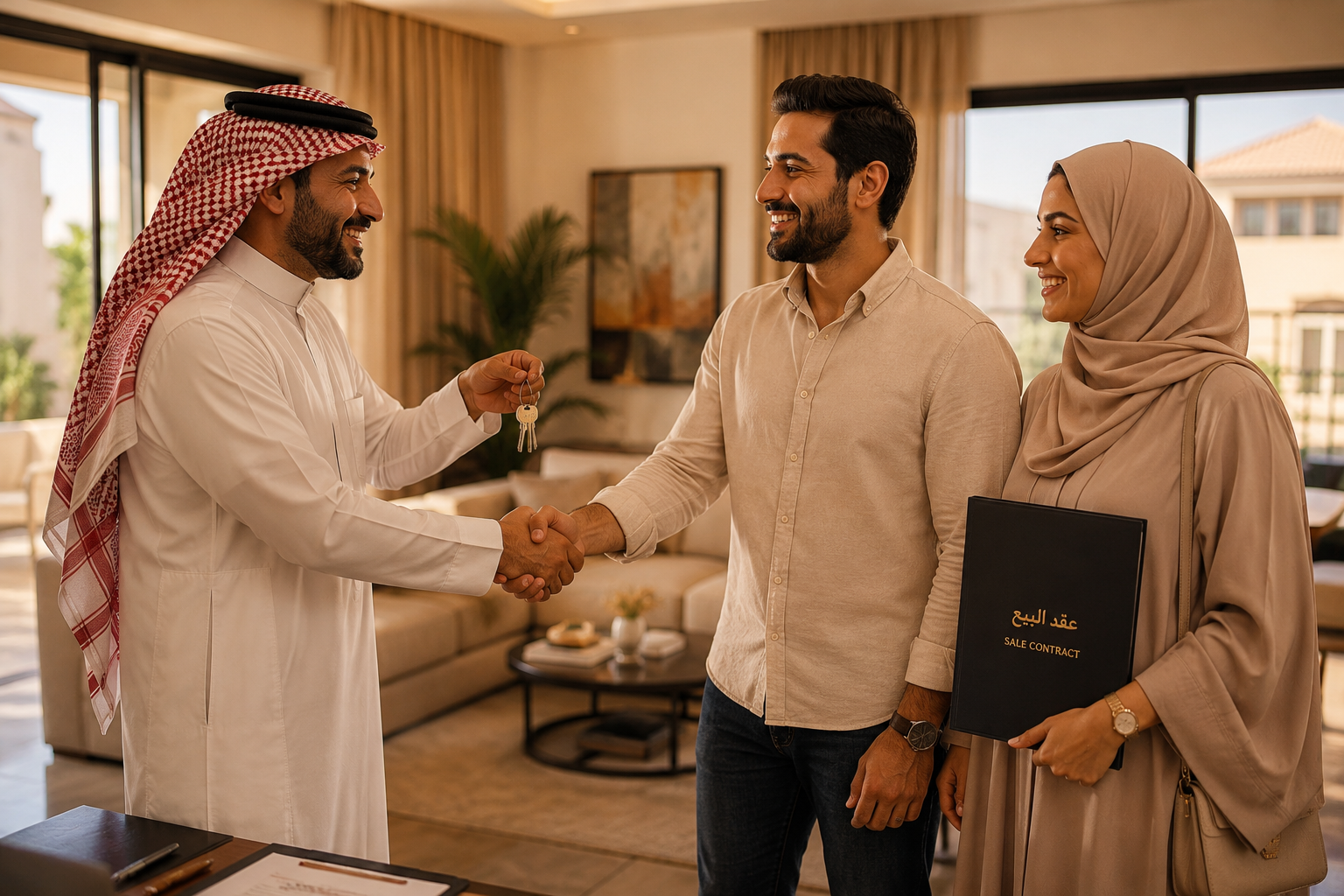 A successful deal closing moment between a professional marketer and a happy client receiving his home keys