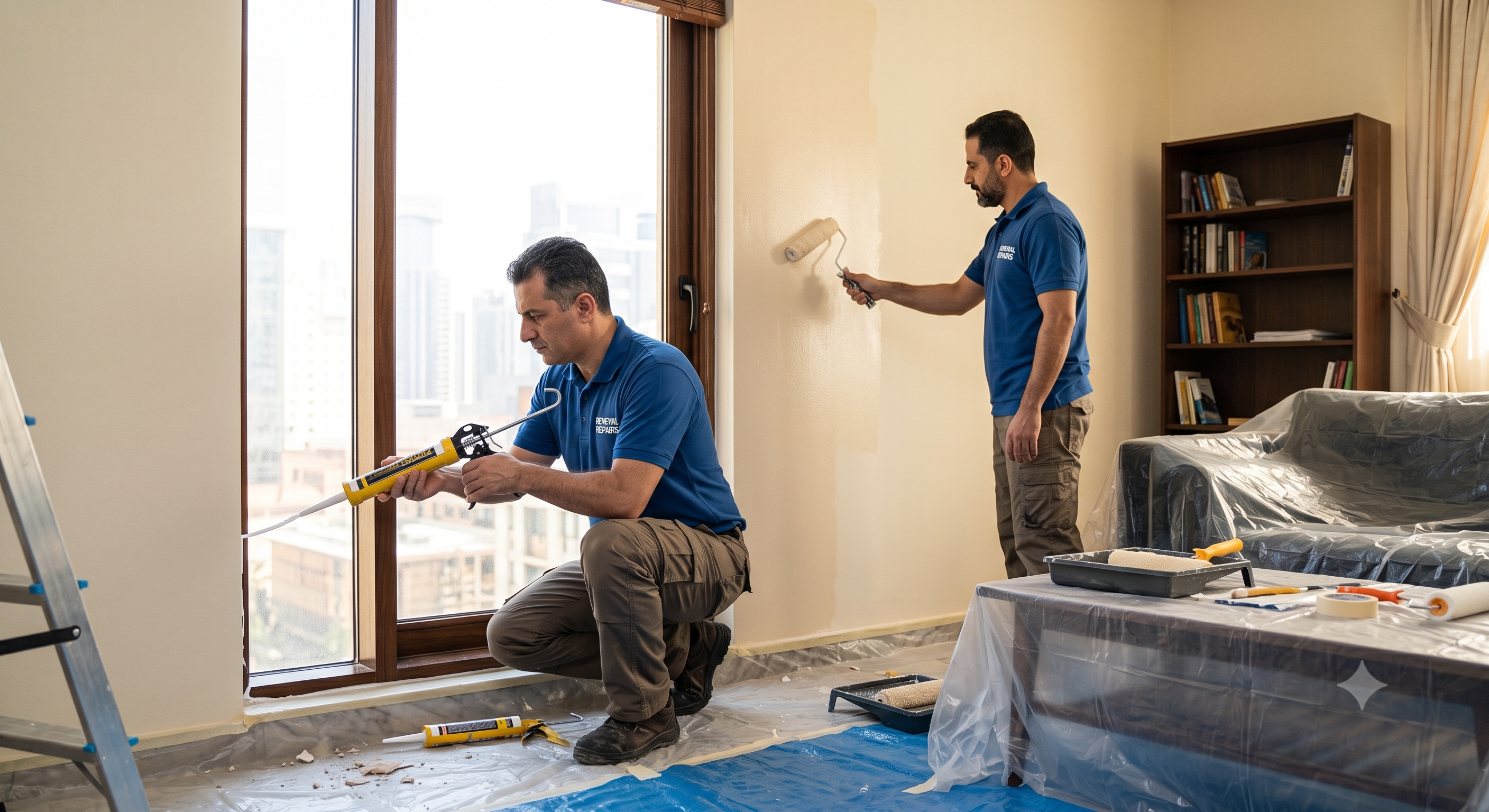 A repair crew fixing the window sealing and repainting the wall at the insurance company's expense