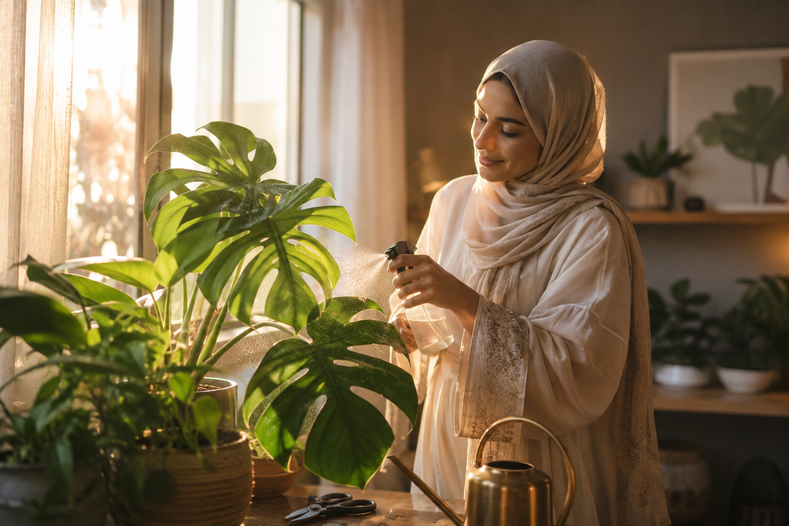 العناية بالنباتات الطبيعية برش الأوراق قرب نافذة مضيئة