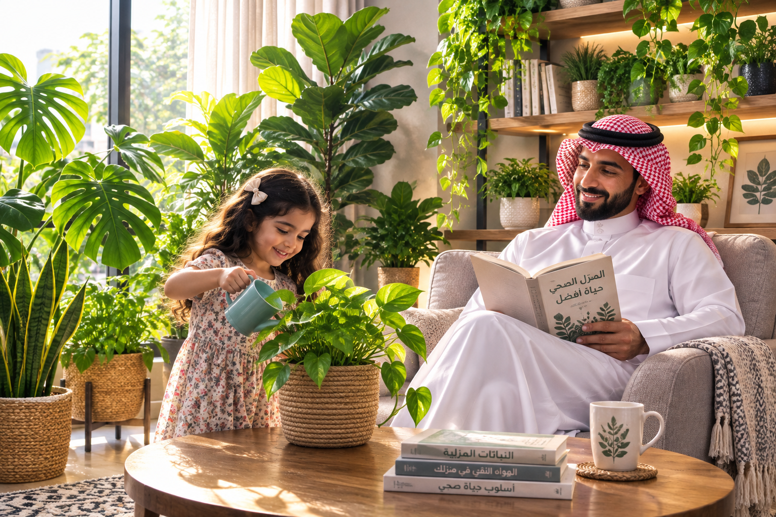 عائلة تستمتع بركن نباتات منزلية طبيعية مليء بالحياة والهواء النقي