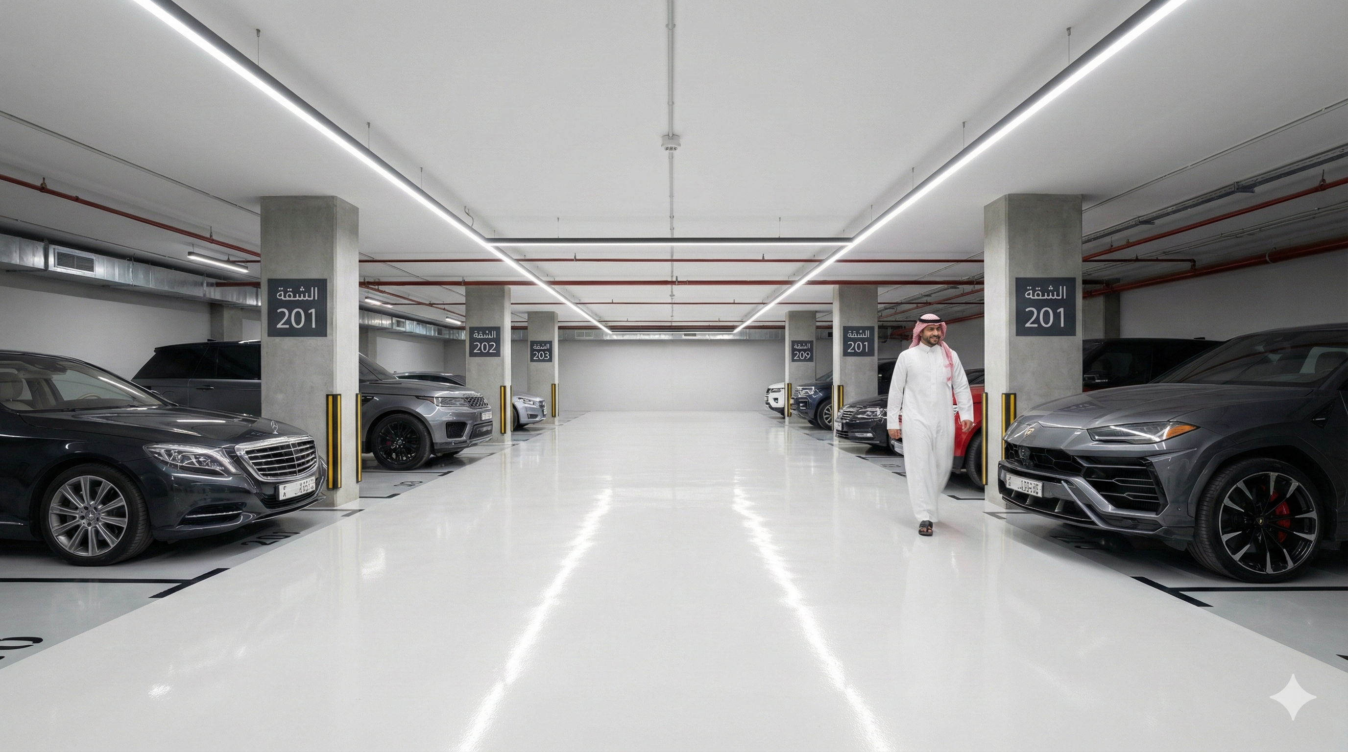 مواقف سيارات تحت الأرض نظيفة ومنظمة