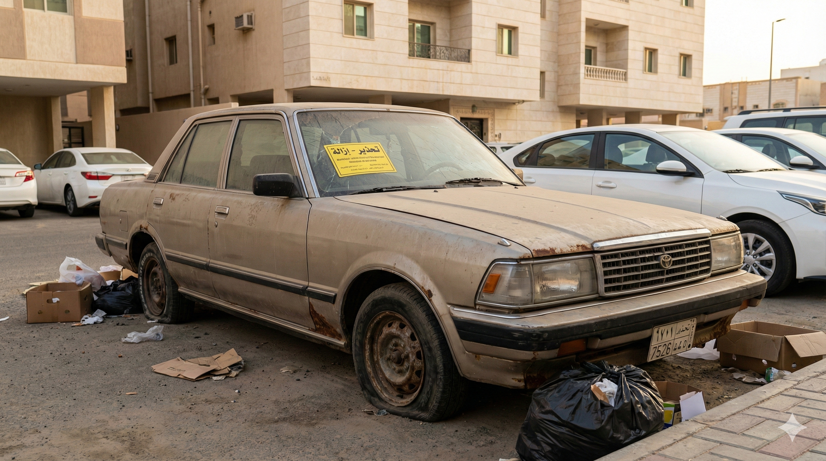 سيارة مهملة تالفة تحتل موقفاً عاماً